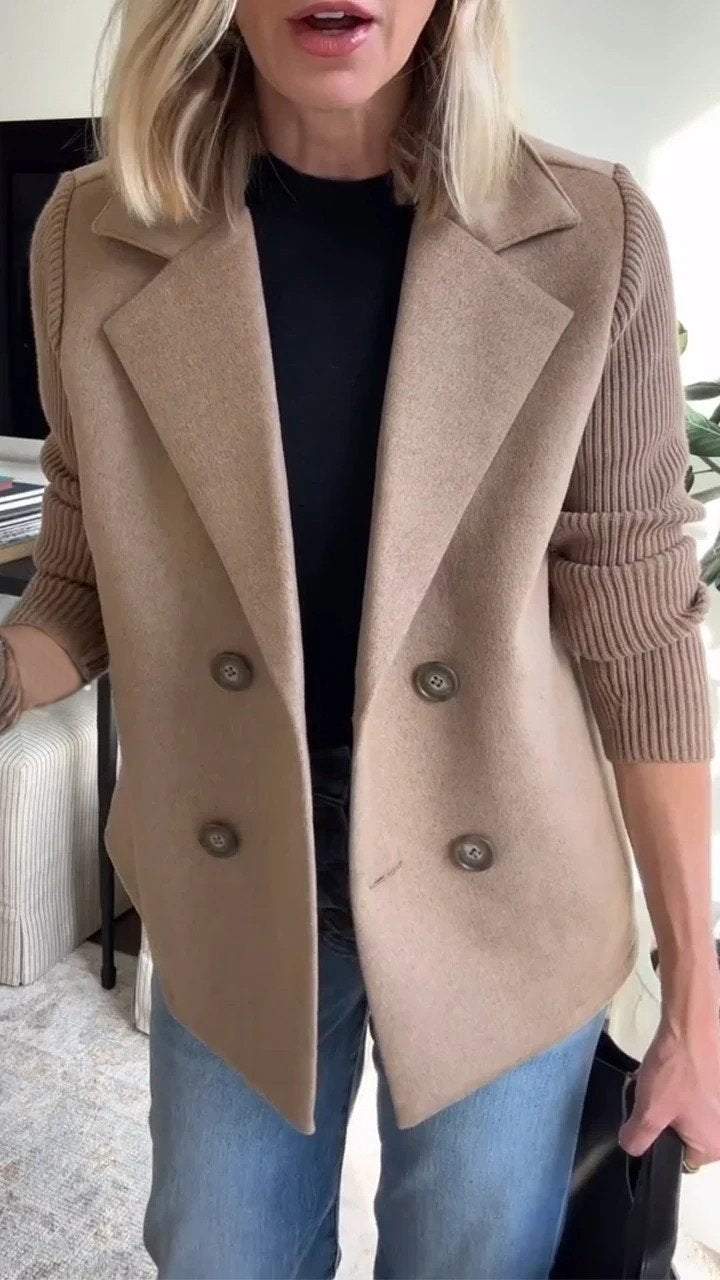 Wool-Blend Knit-Sleeve Blazer
