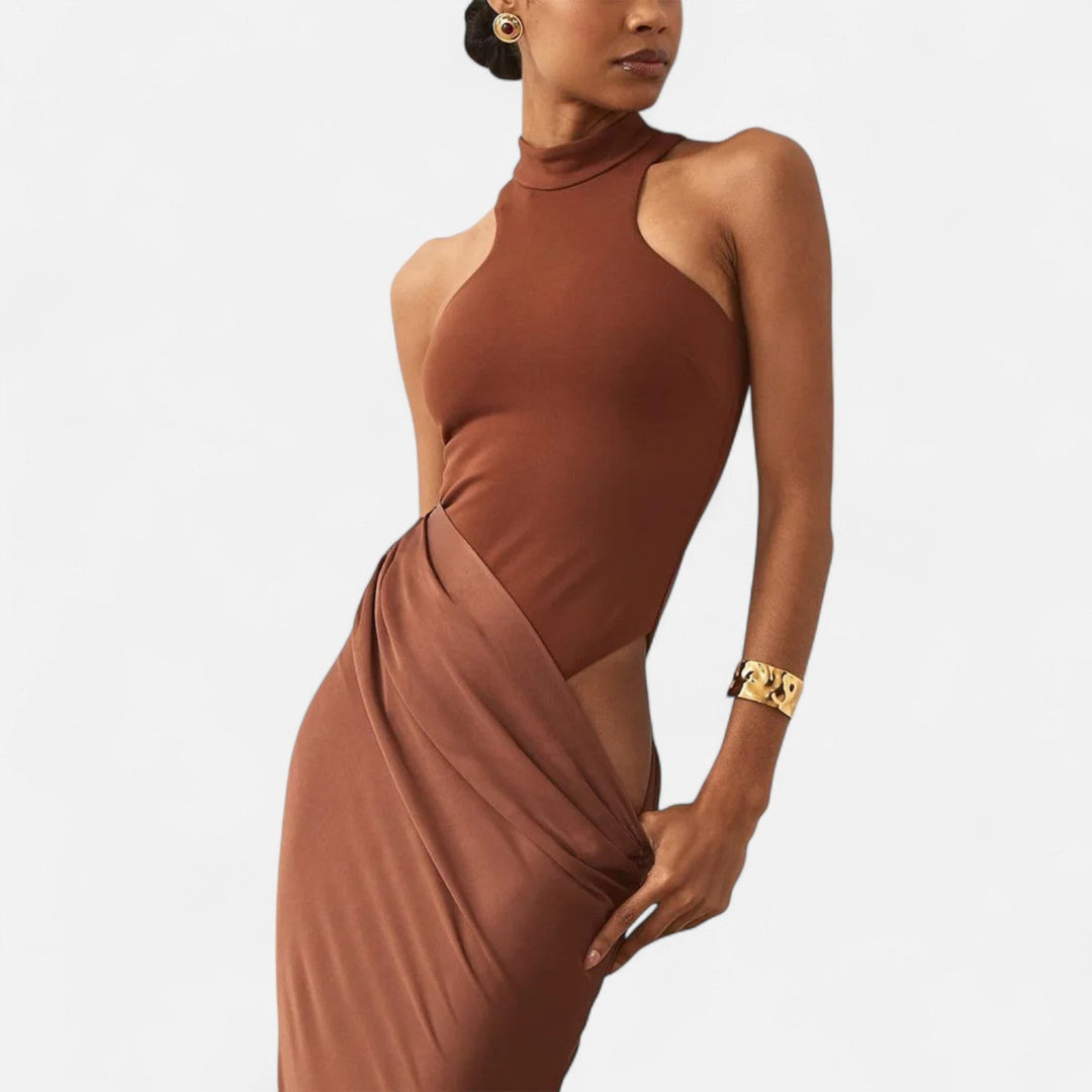 Charles Maison | Women’s Satin Hollow-Out Maxi Dress – Silken Flow, Sculpted Allure