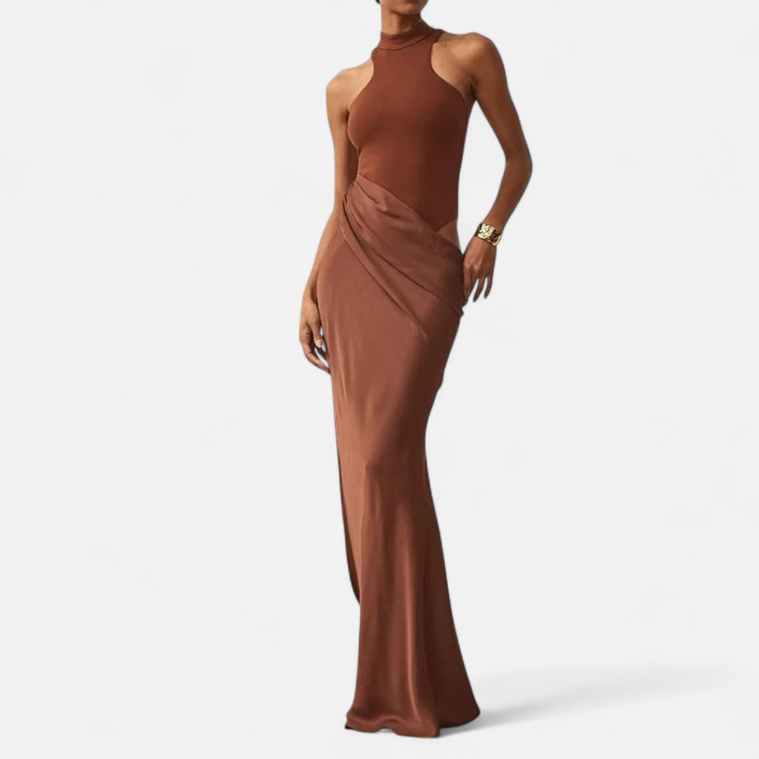 Charles Maison | Women’s Satin Hollow-Out Maxi Dress – Silken Flow, Sculpted Allure