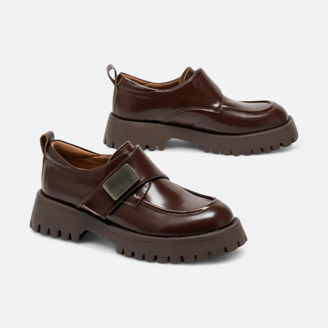 Charles Maison | Women’s Leather Derby Shoes – Round Toe Buckle Flats
