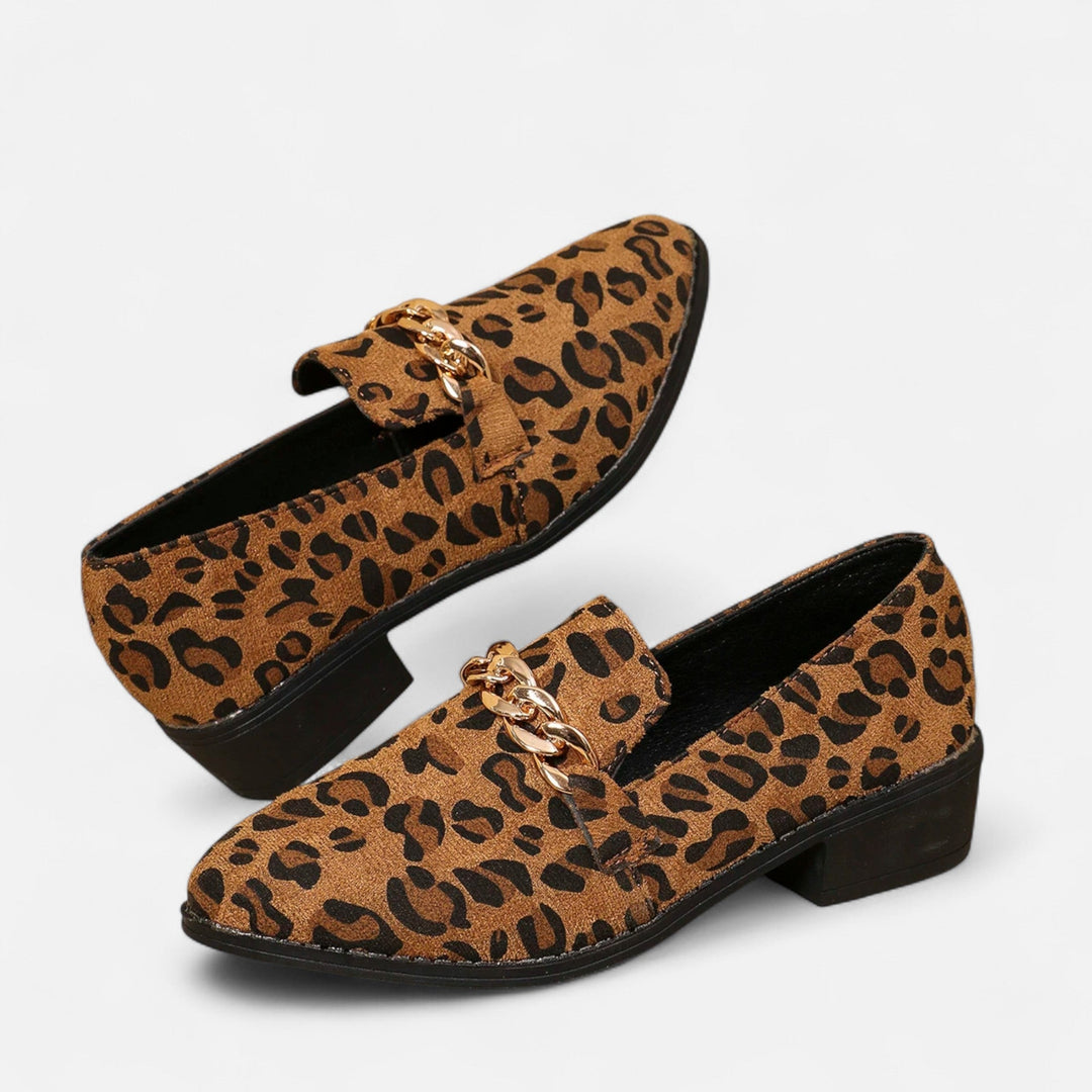 Charles Maison | Women’s Suede Loafers – Leopard Print Mid-Heel