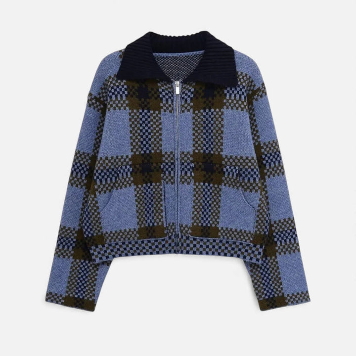 Charles Maison | Women’s Plaid Knitted Zipper Jacket with Turn-Down Collar