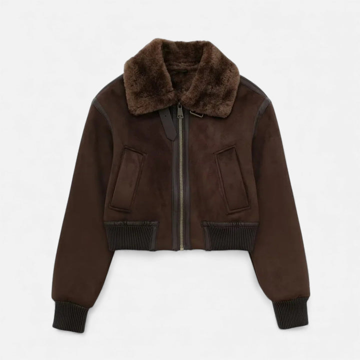 Charles Maison | Women’s Brown Bomber Jacket, Luxe Faux Fur Trim