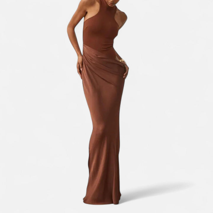 Charles Maison | Women’s Satin Hollow-Out Maxi Dress – Silken Flow, Sculpted Allure