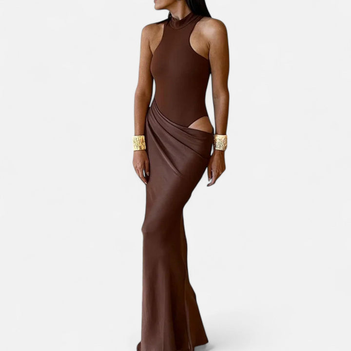 Charles Maison | Women’s Satin Hollow-Out Maxi Dress – Silken Flow, Sculpted Allure