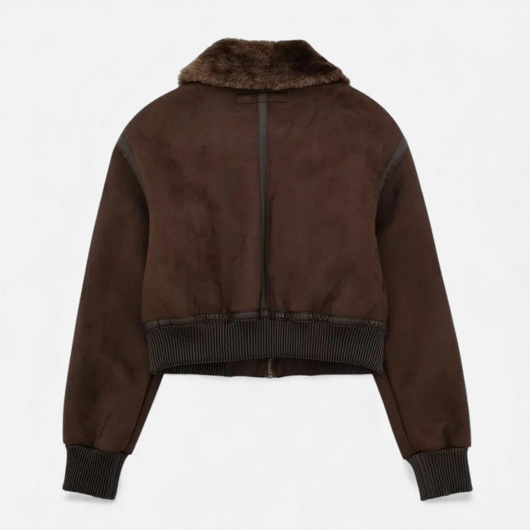 Charles Maison | Women’s Brown Bomber Jacket, Luxe Faux Fur Trim