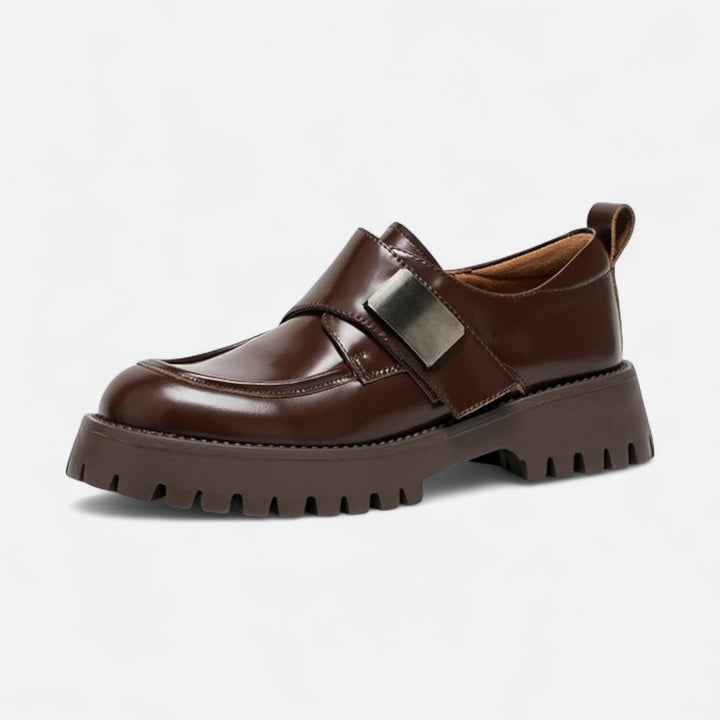 Charles Maison | Women’s Leather Derby Shoes – Round Toe Buckle Flats