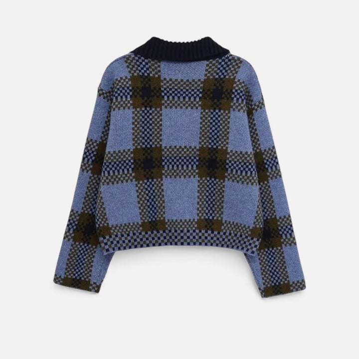 Charles Maison | Women’s Plaid Knitted Zipper Jacket with Turn-Down Collar
