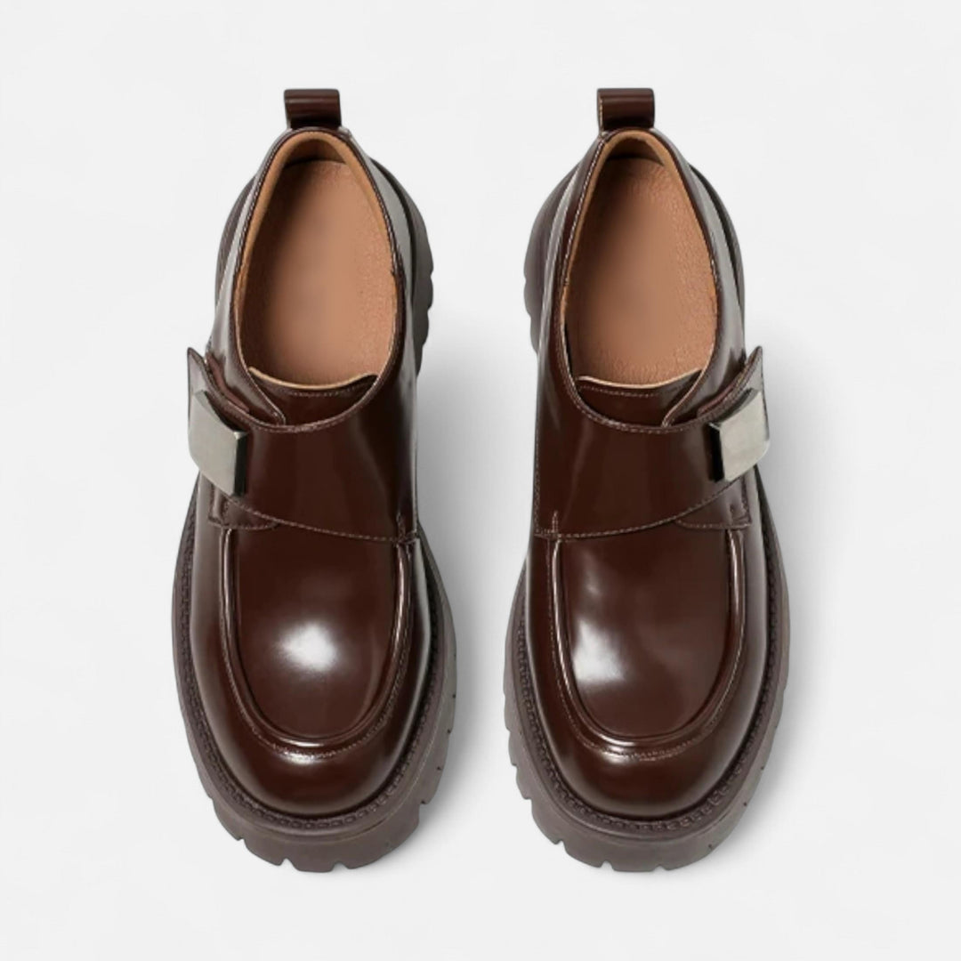 Charles Maison | Women’s Leather Derby Shoes – Round Toe Buckle Flats