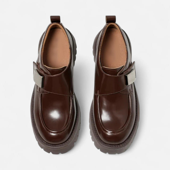 Charles Maison | Women’s Leather Derby Shoes – Round Toe Buckle Flats