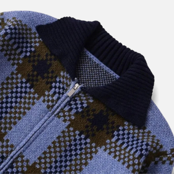 Charles Maison | Women’s Plaid Knitted Zipper Jacket with Turn-Down Collar