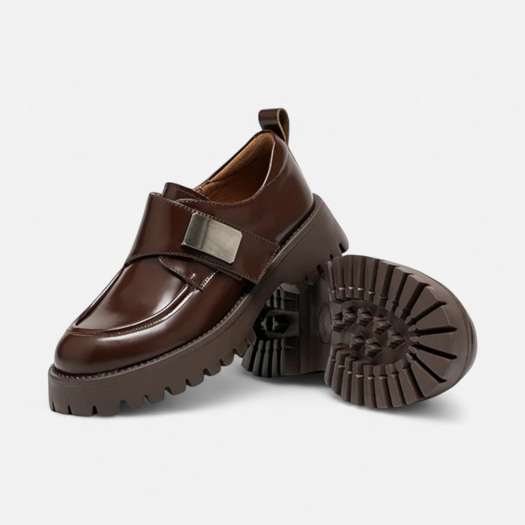 Charles Maison | Women’s Leather Derby Shoes – Round Toe Buckle Flats