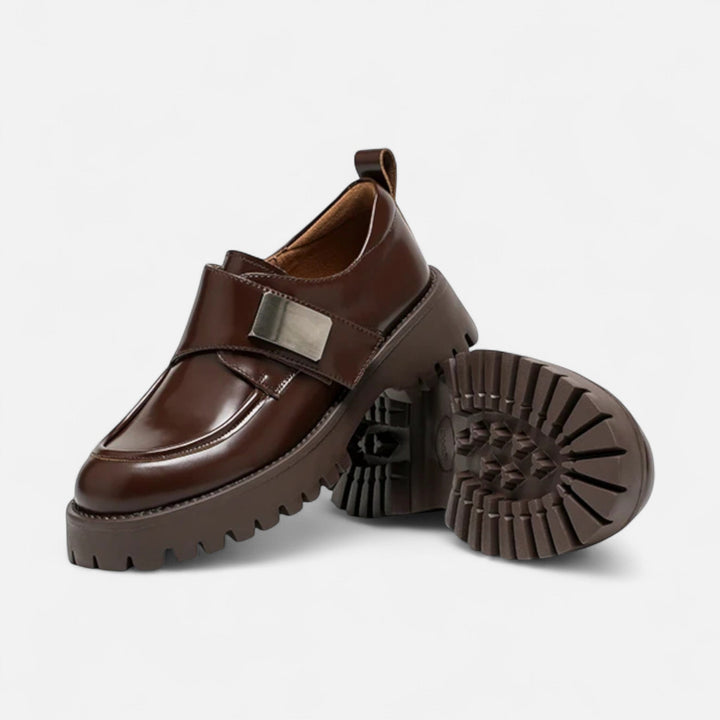 Charles Maison | Women’s Leather Derby Shoes – Round Toe Buckle Flats