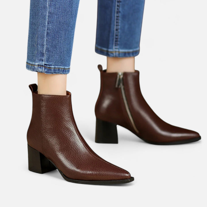 Charles Maison | Women’s Genuine Leather Chelsea Boots – Pointed Toe Square Heel