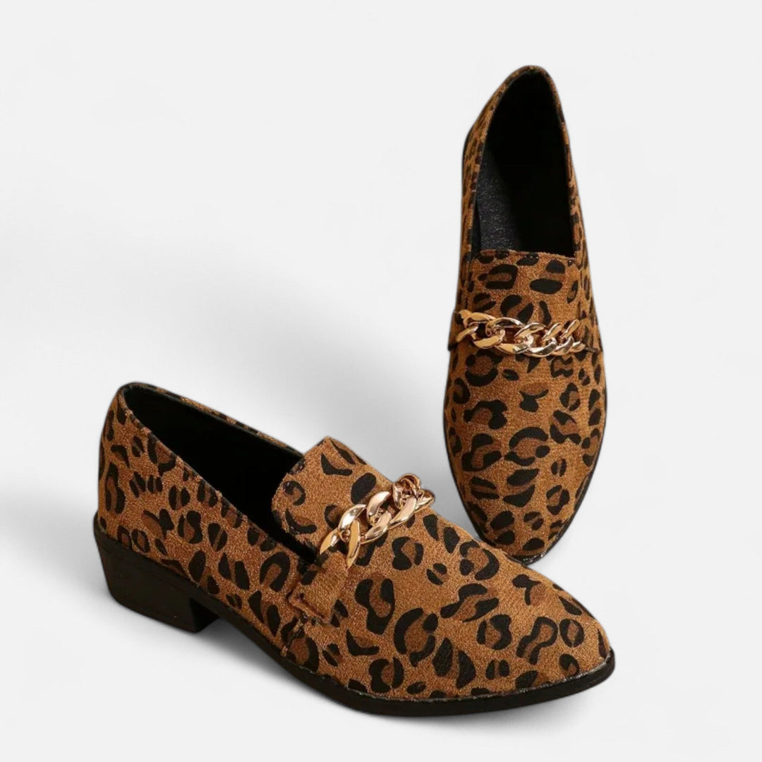 Charles Maison | Women’s Suede Loafers – Leopard Print Mid-Heel