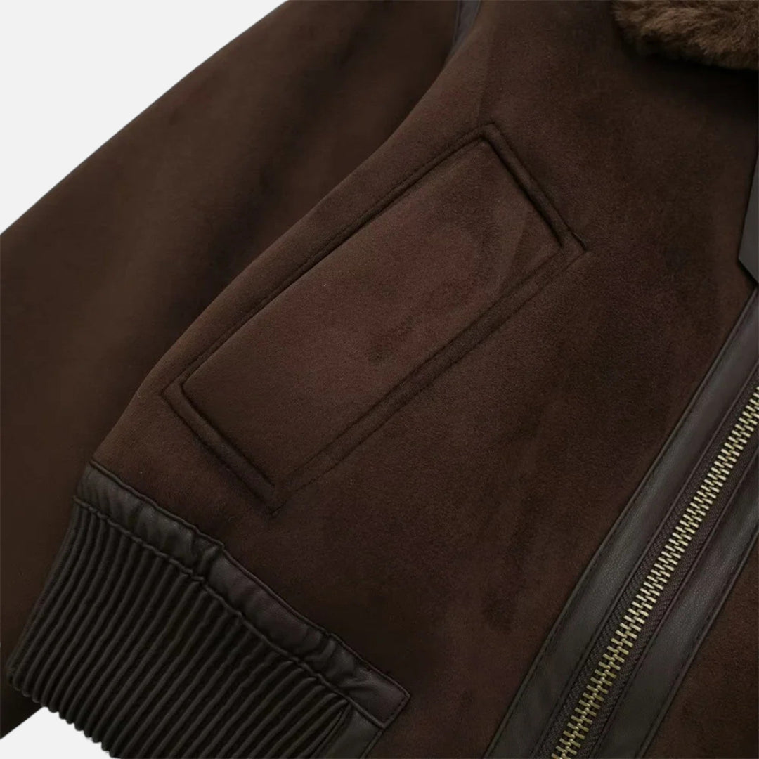 Charles Maison | Women’s Brown Bomber Jacket, Luxe Faux Fur Trim