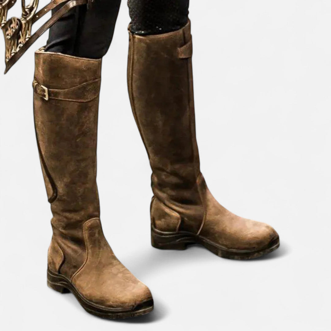 Charles Maison | Women’s Knee-High PU Leather Heel Boots – “Angel Baby” Motif