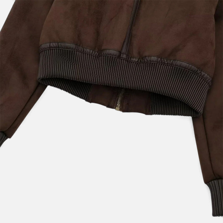 Charles Maison | Women’s Brown Bomber Jacket, Luxe Faux Fur Trim