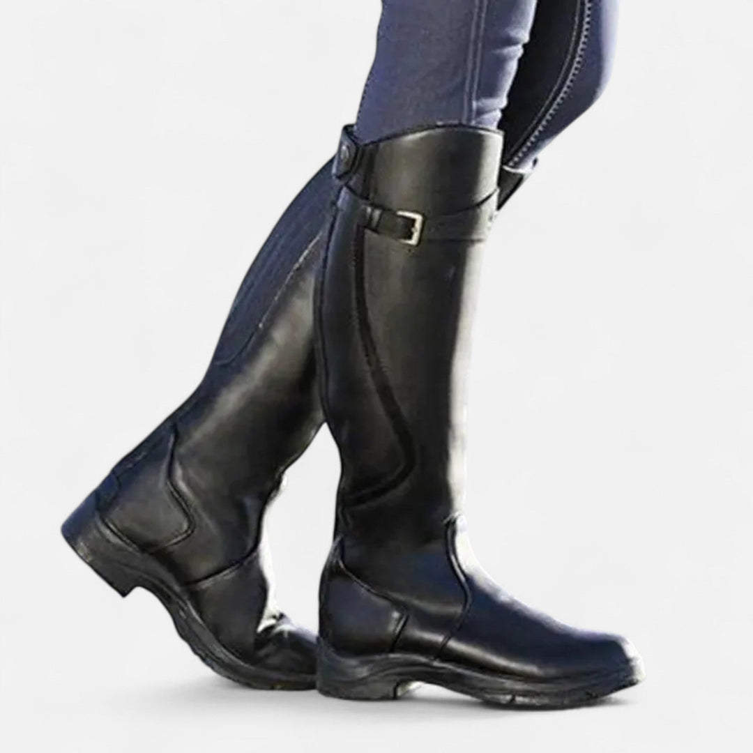 Charles Maison | Women’s Knee-High PU Leather Heel Boots – “Angel Baby” Motif