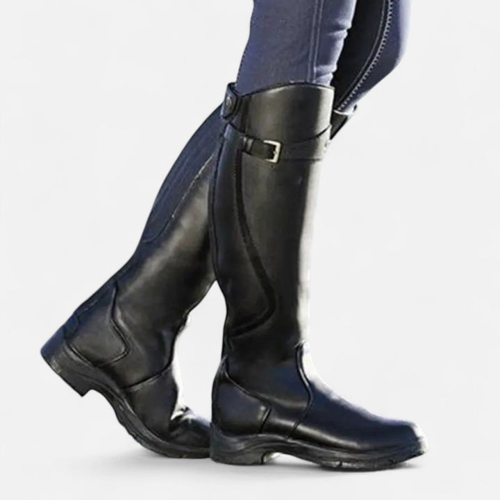 Charles Maison | Women’s Knee-High PU Leather Heel Boots – “Angel Baby” Motif