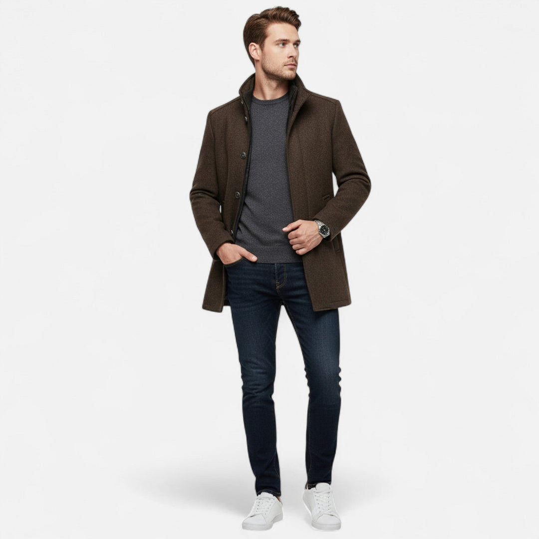 Charles Maison | Men’s Long Wool Overcoat with Vest Panel