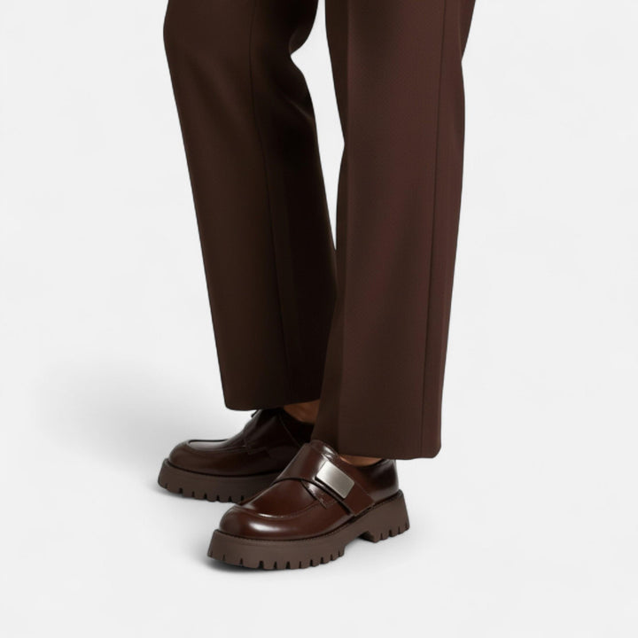 Charles Maison | Women’s Leather Derby Shoes – Round Toe Buckle Flats