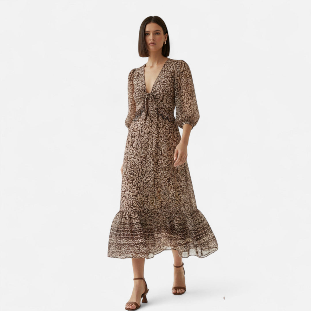 Charles Maison | Women’s Printed Midi Dress – V-Neck Autumn Elegance