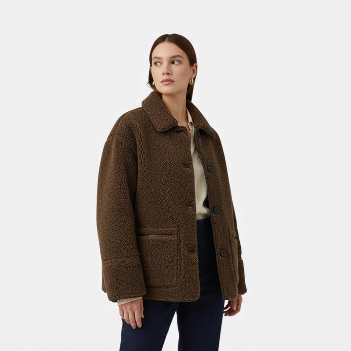 Charles Maison | Women’s Reversible Brown Teddy Jacket with Turn-Down Collar