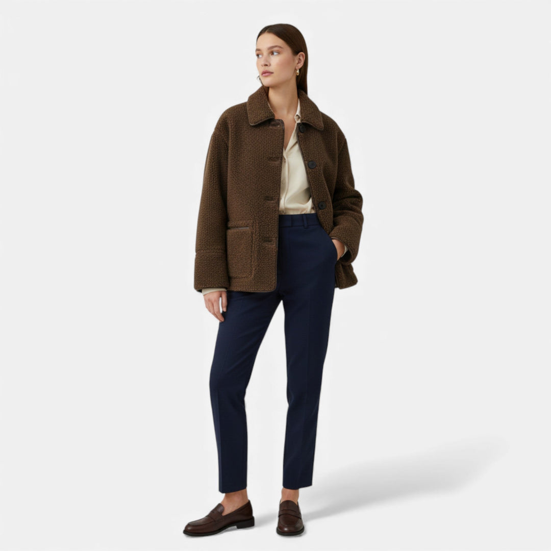 Charles Maison | Women’s Reversible Brown Teddy Jacket with Turn-Down Collar