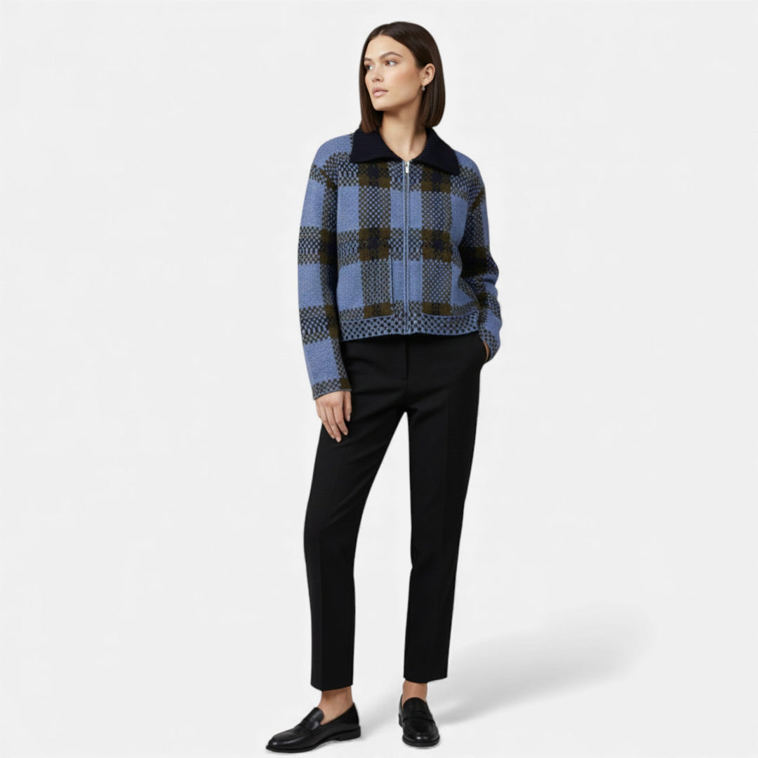 Charles Maison | Women’s Plaid Knitted Zipper Jacket with Turn-Down Collar