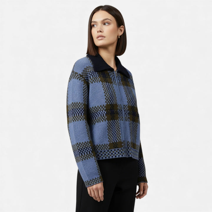 Charles Maison | Women’s Plaid Knitted Zipper Jacket with Turn-Down Collar