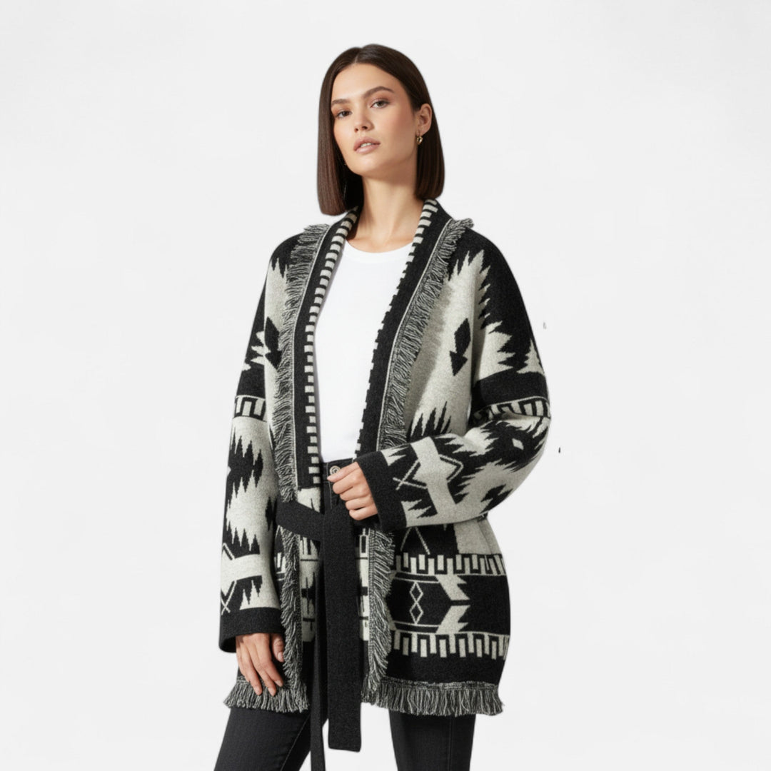 Charles Maison | Women’s 100% Cashmere Tassel Cardigan – Vintage Jacquard Elegance
