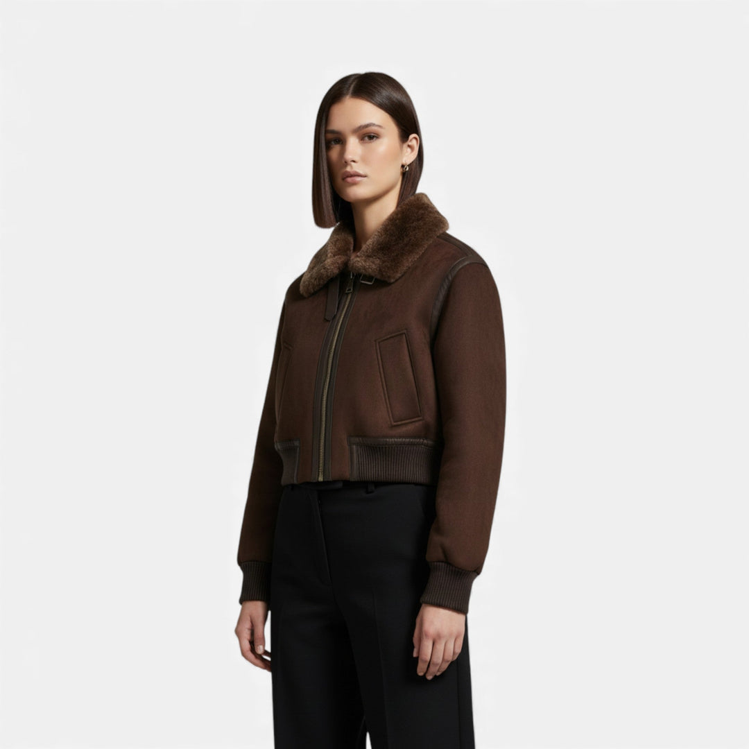Charles Maison | Women’s Brown Bomber Jacket, Luxe Faux Fur Trim