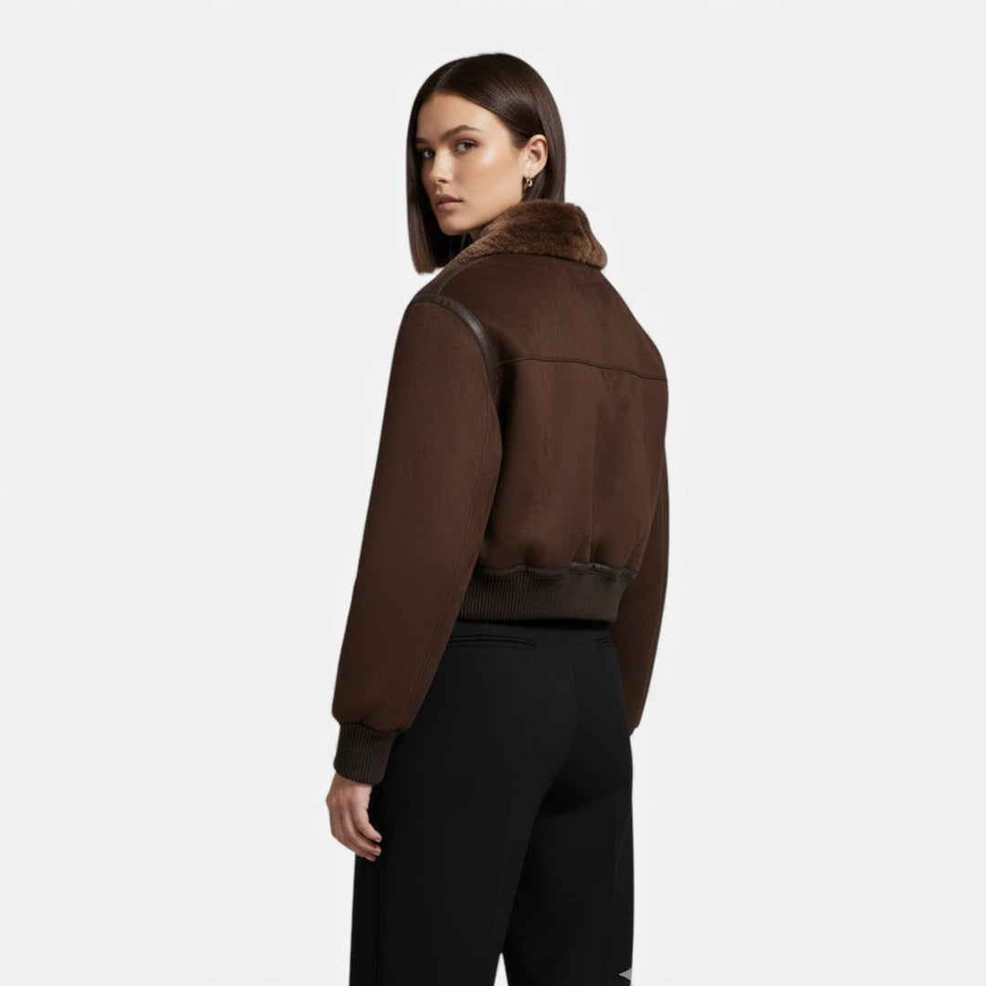 Charles Maison | Women’s Brown Bomber Jacket, Luxe Faux Fur Trim