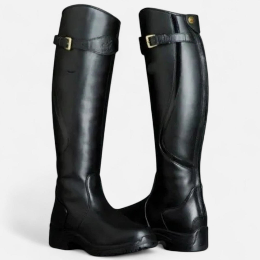 Charles Maison | Women’s Knee-High PU Leather Heel Boots – “Angel Baby” Motif