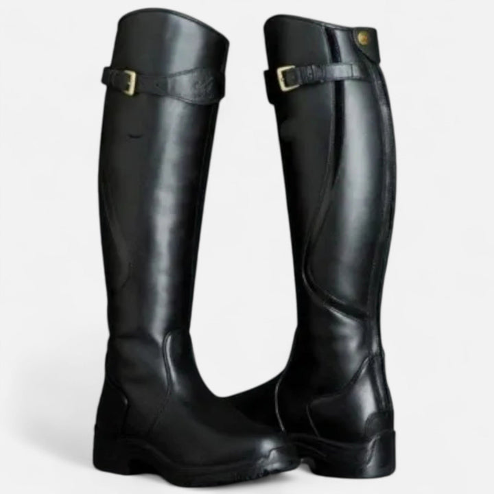 Charles Maison | Women’s Knee-High PU Leather Heel Boots – “Angel Baby” Motif