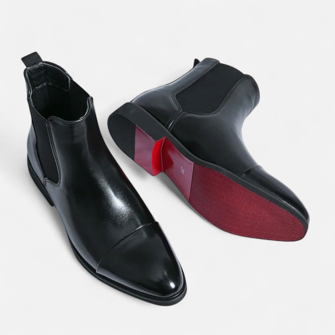 Charles Maison | Men’s Chelsea Boots in Polished Noir with Red Sole