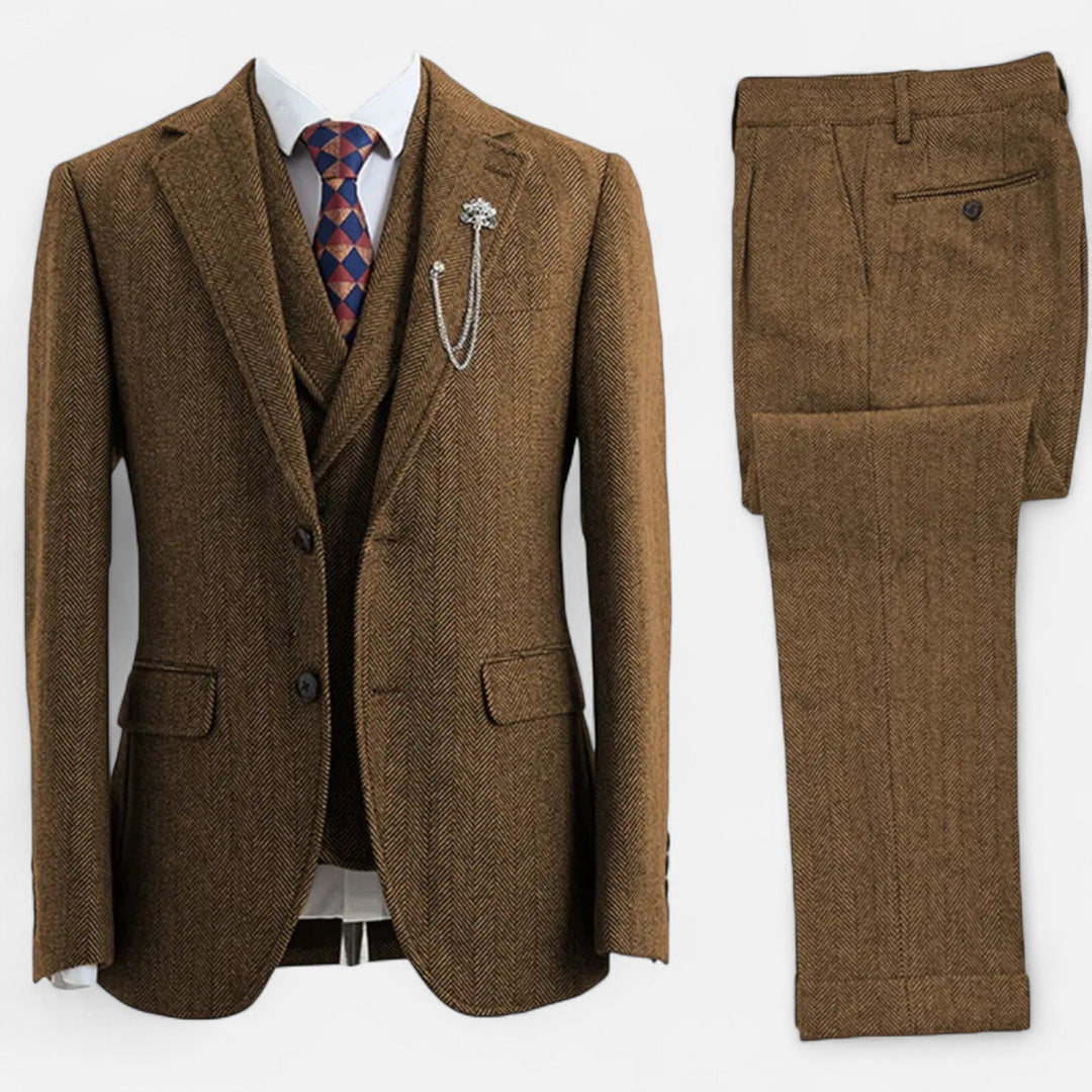 Charles Maison | Men’s 3-Piece Tweed Herringbone Double-Breasted Suit