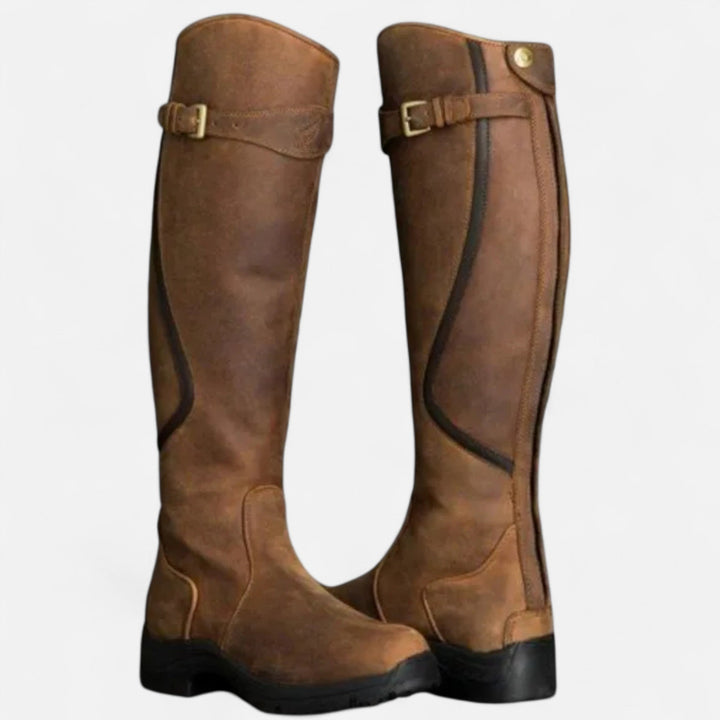 Charles Maison | Women’s Knee-High PU Leather Heel Boots – “Angel Baby” Motif